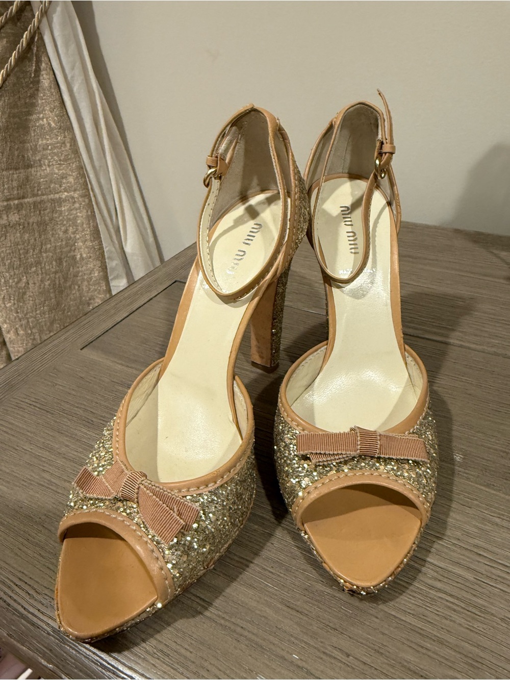 Miu Miu Gold Glitter and Tan Bow Open-Toe Ankle-Strap Heels
